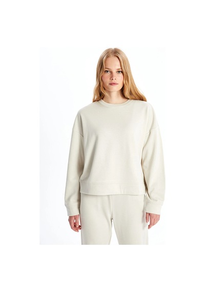LC Waikiki Lcw Vision Bej Bisiklet Yaka Oversize Kadın Sweatshirt Taş