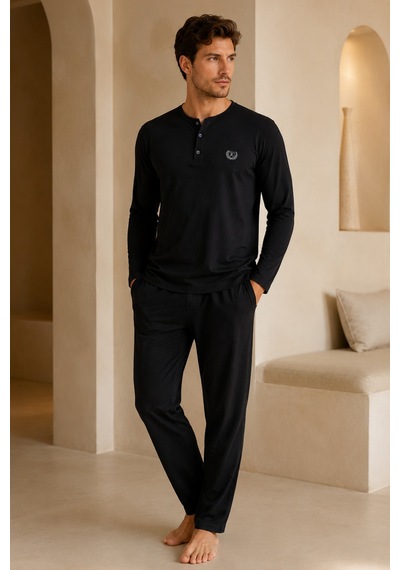 Loule Erkek Siyah %100 Pamuk Penye Uzun Kollu Pijama Takımı