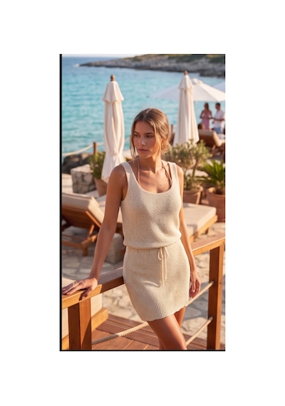 Butik İstanbul Kadın Askılı Kare Yakalı Belden Bağcıklı Triko Pareo Beyaz