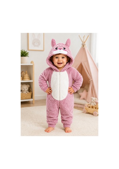 Tatlı Ayıcık Desenli Welsoft Peluş Kapüşonlu Fermuarlı Kışlık Unisex Bebek Tulumu 40197 Pembe