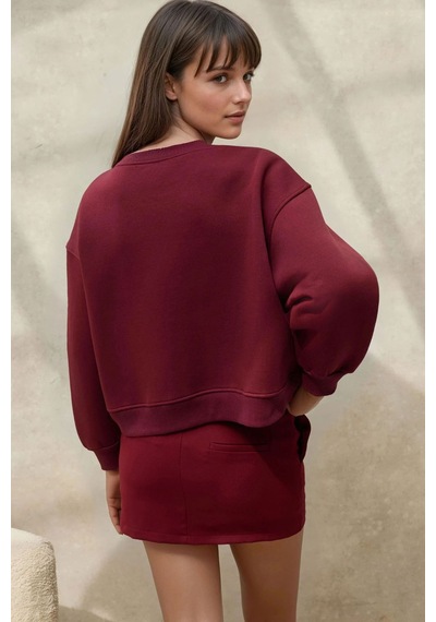 Hiccup İşlemeli Rahat Kesim Pamuklu Sweatshirt Bordo Kırmızı