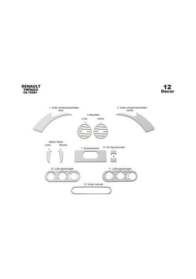 Renault Twingo Torpido Kaplama 1998-2004 12 Parça Alüminyum
