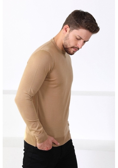 Ferraro Camel Bisiklet Yaka Superfine Erkek Triko Kazak Camel