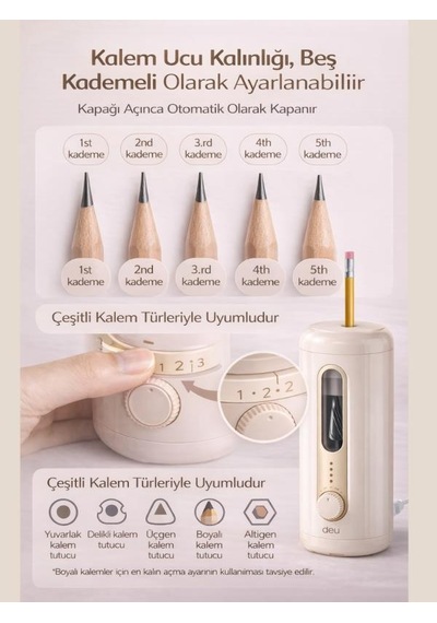 Va10 Bej Şarjlı Otomatik Elektrikli Kalemtıraş 2000mah 5 Kademe Uç Ayarlı, 6.9-12mm Jumbo Uyumlu, Type-c, Geniş Hazneli