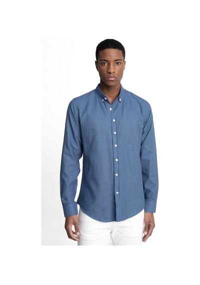 Tudors Slim Fit Uzun Kol Biyeli Yaka Düğmeli Keten Erkek Gömlek-26906-İndigo