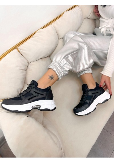 Erva'nın Butiği Siyah Cilt Leo Leopar Detaylı Kadın Bağcıklı Sneakers-5199