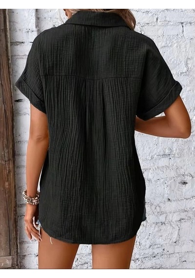 Defymoda Kadın Kısa Kollu Yakalı Önü Düğmeli Müslim Gömlek Siyah