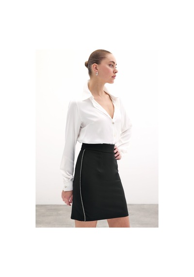 Sateen Aksesuar Şeritli Mini Etek - Siyah-135884 Siyah