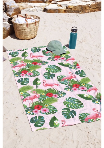 Flamingo Tropikal Yapraklı Plaj Havlusu - Pembe Yeşil Bohem Yazlık Hızlı Kuruyan Mikrofiber Havlu Kumlu Yosun