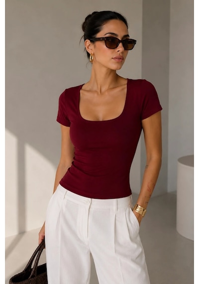 Bb Butik Basic Soft Touch Kare Yaka Body Tulum Astarlı Md3535 Bordo