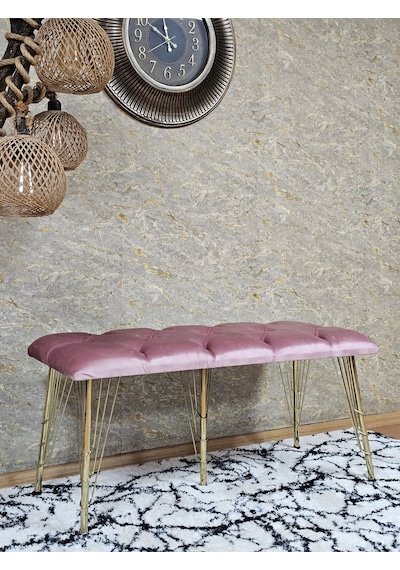 Zafir Metal Gold Tel Ayaklı 100 Cm Puf Bench - Puf - Bench - Oturak - Mutfak Oturağı - Antre Oturağı Pembe