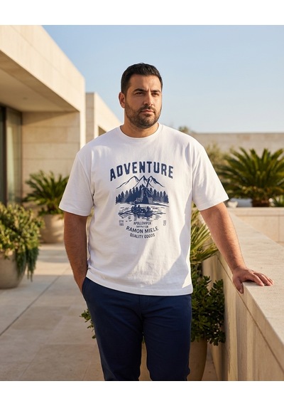 Büyük Beden Bisiklet Yaka Baskılı Erkek Tshirt Beyaz