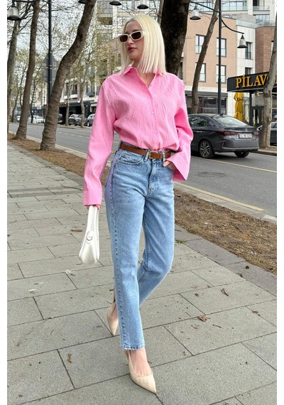 Madmext Pembe Kırışık Desen Kadın Gömlek Mg2313 Pembe