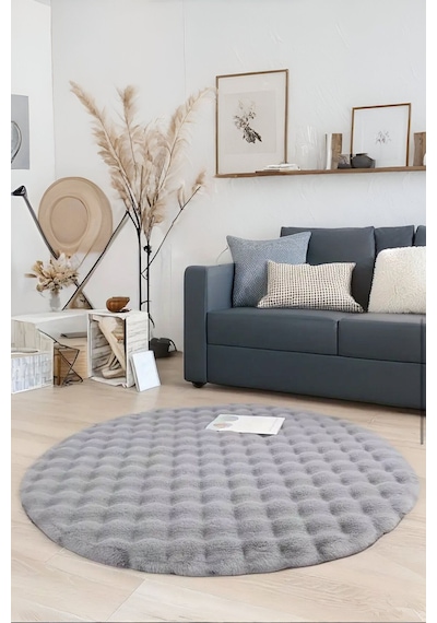 My Evilla Bubble Yuvarlak Gri Uzun Tüylü Yumuşak Peluş Kaymaz Yıkanabilir Salon Oturma Odası Balkon Halısı