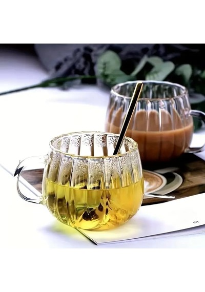 2 Adet Ateşe Dayanıklı 400 Ml Çizgili Borosilikat Cam Kupa Bardak Mıt1100 Genel