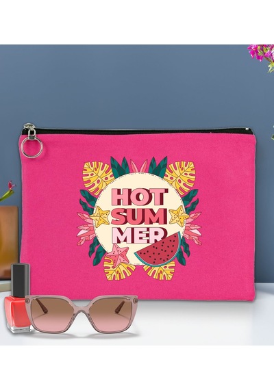 Bk Gift Yaz Temalı-8 Astarlı Fuşya Portföy Çanta 30x21cm, Baskılı El Çantası, Organizer Çanta Çok Renkli