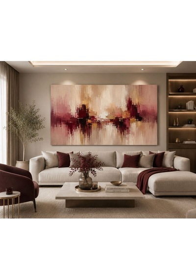 Bordo Elegance Soyut Kanvas Tablo Krem, Bej Ve Bordo Tonlu Dokulu Modern Duvar Dekoru Lüks Salon, Yatak Odası Ve Ofis Tablosu