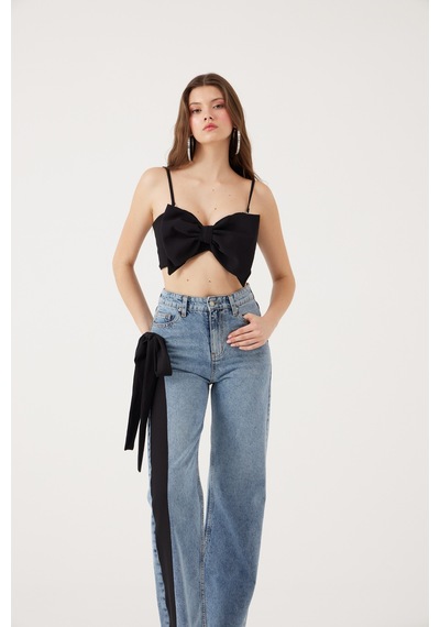Holly Lolly Yüksek Bel Kurdele Detaylı Wide Leg Kyla Jean Pantolon Siyah
