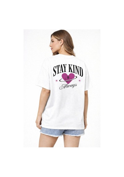 Herkesemoda Stay Kind Yazı Detaylı Basic T-shirt Beyaz