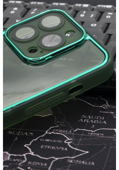 Apple Uyumlu iPhone 13 Pro Max Uyumlu Yeşil Kenarlı Renkli Yarı Şeffaf Kapak Kılıf Kamera Lens Korumalı Yeşil -