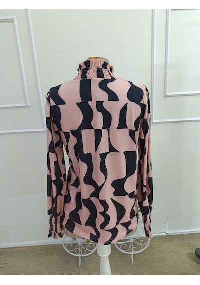 Kadın Uzun Kollu Balıkçı Yakalı Desenli Süprem Bluz Pembe