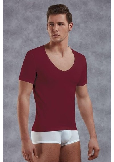 Doreanse Erkek Modal Derin V Yaka Kısa Kol T Shirt 2820 Bordo Bordo