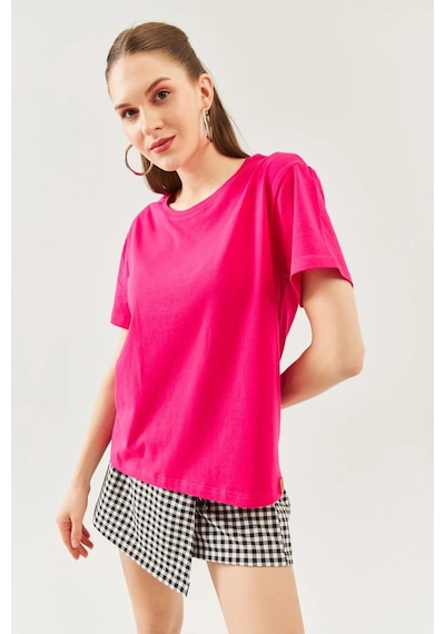 Kadın Oversize Rahat %100 Pamuklu Penye Bisiklet Yaka Kısa Kol Basic T-shirt Fuşya