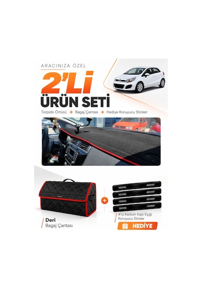 Kia Rio 2012-2018 Uyumlu Torpido Örtüsü + Deri Bagaj Çantası + Sticker Seti - Siyah Kırmızı