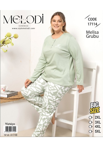Melodi 17114 Uzun Kol Büyük Beden Kadın Pijama Takımı Yeşil