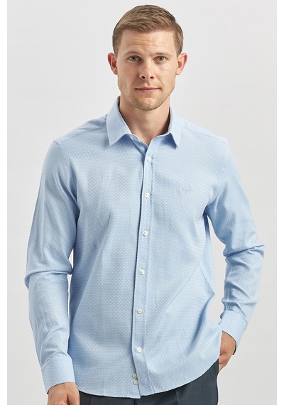 İmza Mavi Uzun Kol Kendinden Desenli Armürlü 032 Sert Yaka Casual Slim Fit Gömlek 1004240249 Mavi