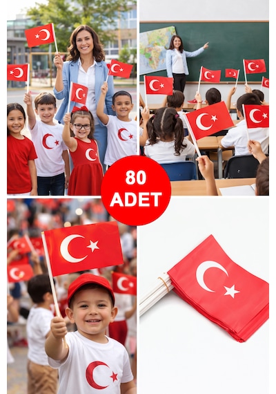 80 Adet Çubuklu Kağıt Türk Bayrağı Çıtalı Sopalı Ayyıldız Baskılı Bayrak 23 Nisan 19 Mayıs Süsleme Tüm Yaşlar