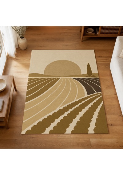 Kartela Halı Güneş Tarlası Manzaralı Modern Halı Hardal Sarısı Kaymaz Taban 120x180 Cm