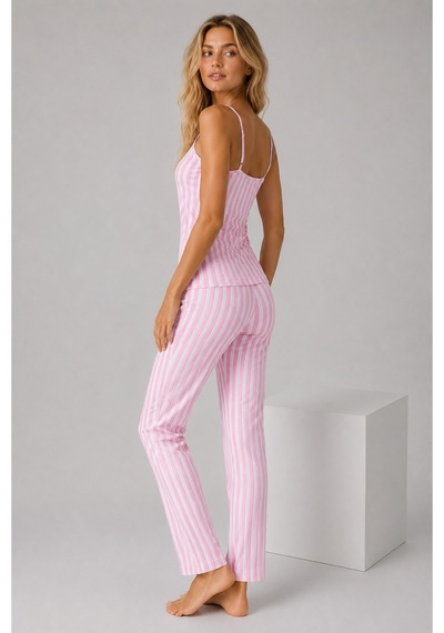 Pijamask Kadın Pembe Beyaz Çizgili Askılı Pijama Takımı Pamuklu Yazlık Ev Giyim Beyaz