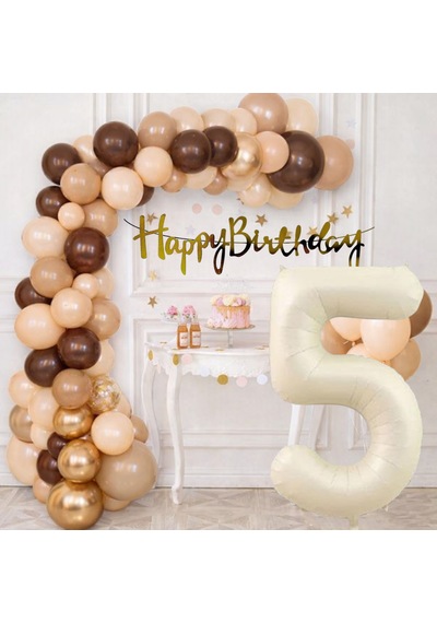 5 Yaş Pompa Hediyeli Doğum Günü Seti Banner Gold Kahverengi Kum Beji Ten Rengi Balonlar Krem Rakam Çok Renkli