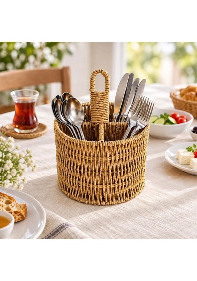Rattan Yuvarlak Dik Bölmeli Kaşıklık Kahverengi