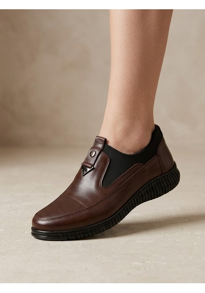 Beren Hakiki Deri Siyah Kadın Ayakkabı Ortopedik Taban Bağcıksız Comfort Casual Günlük Sneaker Kahverengi