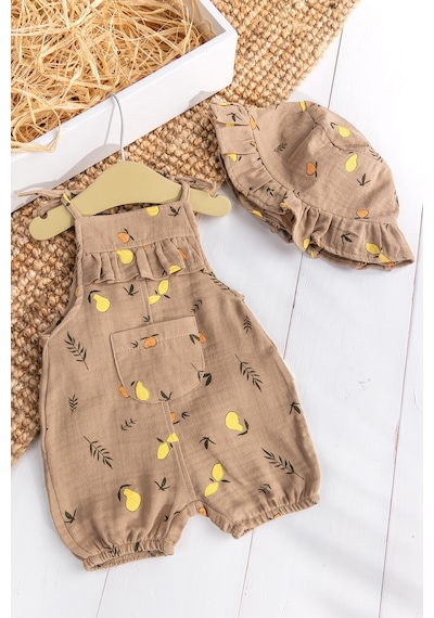 Babymod Fırfırlı Şapkalı Yazlık Müslin Kız Bebek Tulum Kahve
