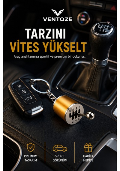 Hareketli Vites Topuzu Tasarımlı Metal Anahtarlık 6 İleri R Oto Aksesuar Altın Metal