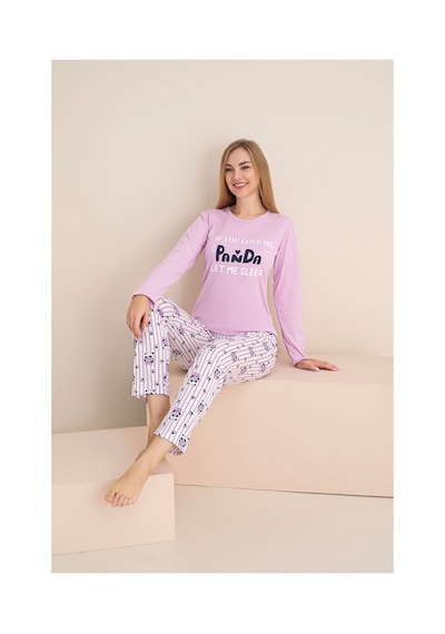 Rindahomewear Kadın Panda Baskılı Süprem Uzun Kol Pijama Takımı Mor