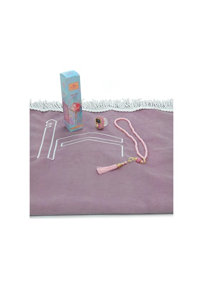 Anneler Gününe Özel - Kabe İşlemeli Lüks Kadife Seccade,zikirmatik,inci Tesbih,medine Gülü Parfüm 150 Ml - Kutulu Hediye Seti - Pembe