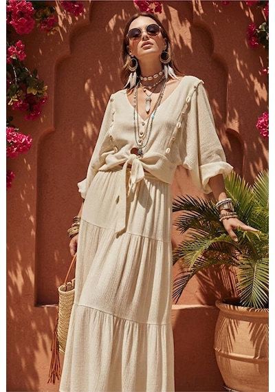 Fashion Cocktail Midye İstiridye Deniz Kabuğu V-yaka Bağlamalı Crop Dizaltı Lastikli Etek Bluz Sahil 2li Bohem Takım Açık Bej Fashion Cocktail Midye İstiridye Deniz Kabuğu V-yaka Bağlamalı Crop Dizaltı Lastikli Etek Bluz Sahil 2li Bohem Takım Açık Bej