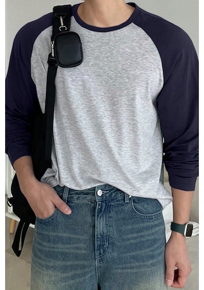Tarz Cool Erkek Reglan Kol Uzun Kollu Basic Tişört Süprem %100 Cotton Bisiklet Yaka Rahat Kalıp Mavi