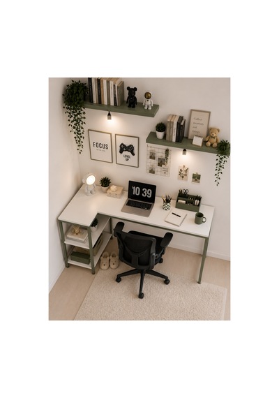 Beyaz/yeşil L Masa, Kitaplıklı, Raflı, 120 Cm Çalışma Masası, Bilgisayar, Pc, Oyuncu, Gaming Masası Metal Ayaklı