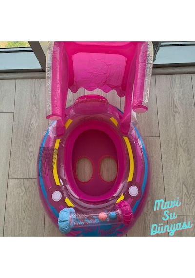 Gölgelikli Pembe Renk Bebek Deniz Simidi, Bebek Havuz Simidi, 0-3 Yaş 71cm 60cm