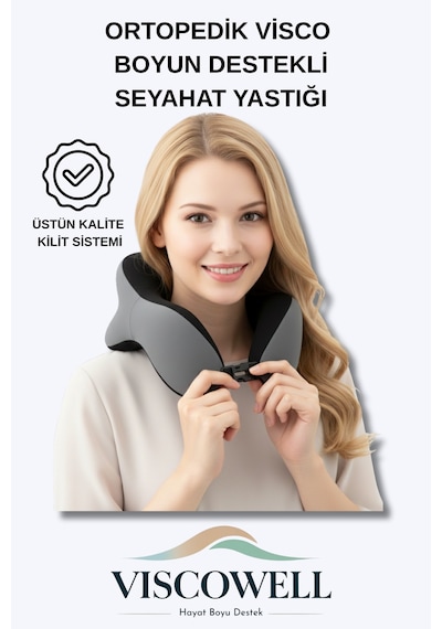 Ortopedik Visco Boyun Ve Baş Destekli Seyahat Yastığı Uçak, Araba, Ev İçin Taşınabilir Gri