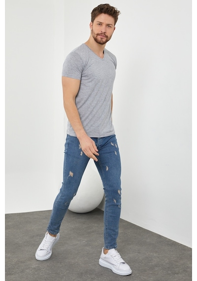 Tarz Cool Erkek V Yaka Slim Fit Likralı T-shirt Gri