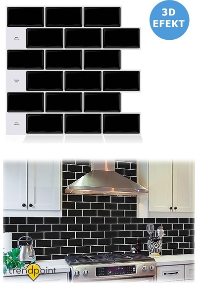 Trendpoint 3d 30 30cm Mutfak Tezgah Arkası Kaplama Kendinden Yapışkanlı Siyah Seramik Görünüm Banyo
