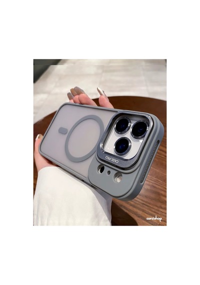 İphone 17 Uyumlu Kılıf Açılır Kamera Stand Magsafeli Mat Renkli Şeffaf + Lens Koruyucu Set Gri