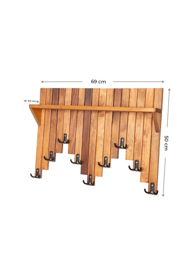 Ahşap Duvar Ve Kapı Askısı Elbise Askılık Raflı Piyano Model 9 Askılı 50x69x9 Cm Meşe