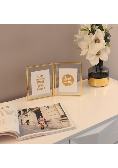 İkili Gold Kenarlı Metal Çerçeve Önü Camlı 25 20 Cm